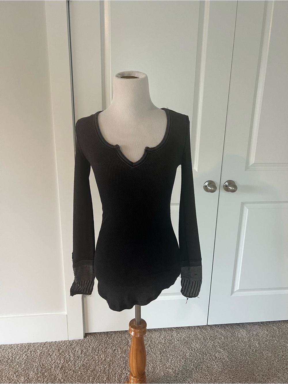 Free People We The Free Black Thermal Long Sleeve Top XS